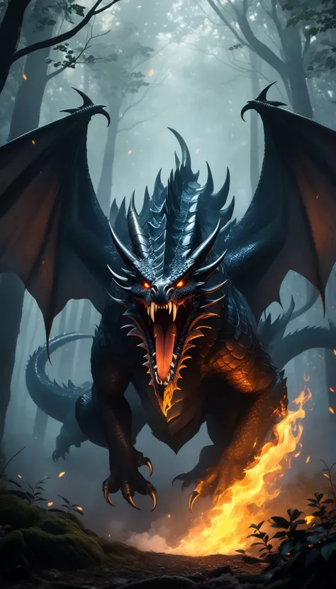a giant monster hybrid of dragon and spider, in dark dense foggy forest, fire, no humans, open mouth, wings, dragon, sharp teeth, teeth, tail, solo, breathing fire, horns, monster, claws, smoke
