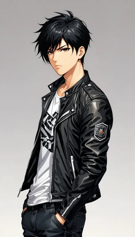 1boy, black hair, white background, short cut hair, leather jacket, tshirt, upper body, detailed shape, detailed line, art of fighting attitude, color manga style