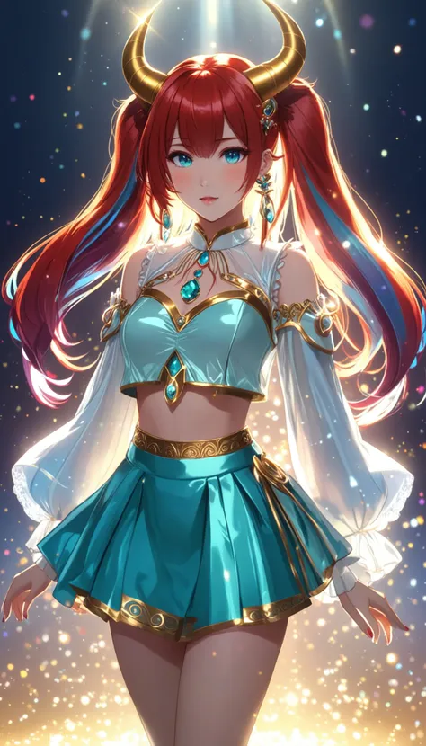 1girl, solo, back light, rainbow, aqua eyes, fake horns, red hair, long hair, crop top, jewelry, horns, veil, bracer, brooch, puffy long sleeves, skirt, bangs, low twintails, puffy sleeves, neck ring, gold trim, parted bangs, arm up, blue skirt, hair ornament, detached sleeves, floating hair, gem, hair flower, blue gemstone