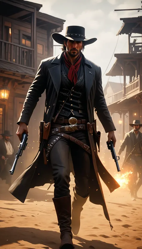 Intricate dynamic action shot of cowboy in a shootout, cinematic Steve Henderson Fabian Perez Henry Asencio Jeremy Mann Marc Simonetti Fantasy, red dead redemption 2 atmosphere, cinematic, photograph