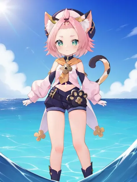blush on， exteriors， During the day， simply background， A blue sky， Rippled hair， skyward， Lori， The expression is cute，Small short legs，head portrait，High-quality underwear，shylily，solo，little curve loli，Voyeur panties，Off-the-shoulder attire