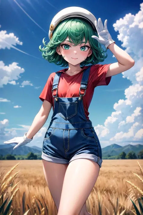 (masterpiece, best quality, detailed), 1girl, solo, looking at viewer, TatsuDef, green eyes, curly hair, green hair, bangs, blush, flipped hair, short hair, small breasts, thighs,
overalls, short sleeves, white gloves, cabbie hat, red shirt, outdoors, wheat, wheat field, sky, cloud, mountainous horizon, fisheye, waving, hand up, arm up, walking, smile, closed mouth