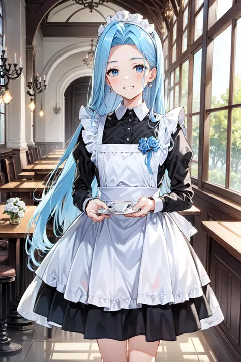 (masterpiece, best quality:1.5), <lyco:Lyria-v2-000008:1.0>, Lyria, blue hair, long hair, blue eyes, looking at viewer, cowboy shot, <lora:TraditionalMaid:0.6>, traditional maid, smirk, cafe, indoors, (fantasy:1.2),