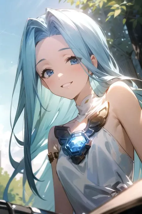 (masterpiece, best quality:1.2), (extremely detailed CG unity 8k wallpaper), highres, 1girl, blue sky, dappled light, portrait, looking at viewer, smile, <lyco:Lyria-v2-000008:1>, Lyria, blue hair, long hair, blue eyes, lyriadress, white dress, <lora:more_details:0.2>