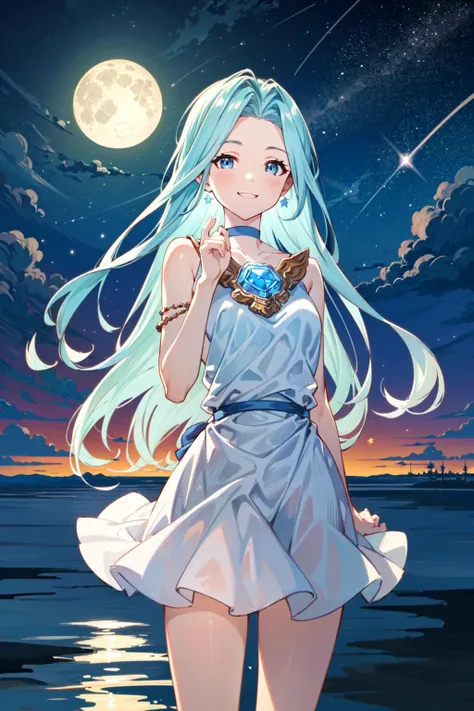 (masterpiece, best quality:1.5), <lyco:Lyria-v2-000008:1.0>, Lyria, blue hair, long hair, blue eyes, looking at viewer, cowboy shot, Lyriadress, (seductive smile:1.2), A pretty girl standing on a lake on a beautiful night with a star-filled sky. Ilya Kuvshinov. anime. professional digital art. trending on artstation. Amazing textured brush strokes. Cinematic dramatic soft volumetric studio lighting, (starry sky, full moon:1.2),