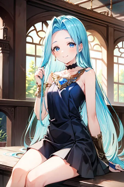 (masterpiece, best quality:1.5), <lyco:Lyria-v2-000008:1.0>, Lyria, blue hair, long hair, blue eyes, looking at viewer, cowboy shot, Lyriadress, smile, sitting,