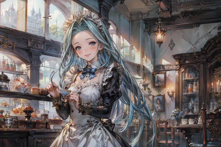 (masterpiece, best quality:1.5),1girl,solo,Lyria,blue hair,long hair,blue eyes,looking at viewer,cowboy shot,maid,traditional maid,smirk,cafe,indoors,(fantasy:1.2),<lora:Lyria:0.7>,<lora:Granblue_Fantasy_style:0.7>,<lora:add_detail:1>,