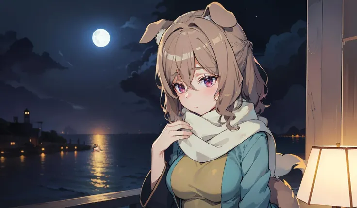 1girl, solo, (masterpiece, best quality:1.4), extremely detailed face, perfect lighting, <lora:GoodHands-beta2:0.5>, nice hands, perfect hands, <lora:naazaerisuis5v2:1>, naaza erisuis, naazadef, hair between eyes, dog ears, dog tail, dog girl, brown hair, short hair, braid curly hair, purple eyes, upper body, night, full moon, beach, sea, stars, wide shot, in frame, centered, scarf, multicolored clothes, multicolored shirt, long skirt, black skirt,