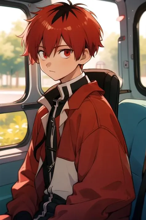 masterpiece, best quality, , 1boy, solo, male focus, looking at viewer, , depth of field, , , <lora:stark_sousou_no_frieren:0.82>, stark_sousou_no_frieren, red hair, red eyes, , , two-tone hair, zip-up hoodie, , bus interior,