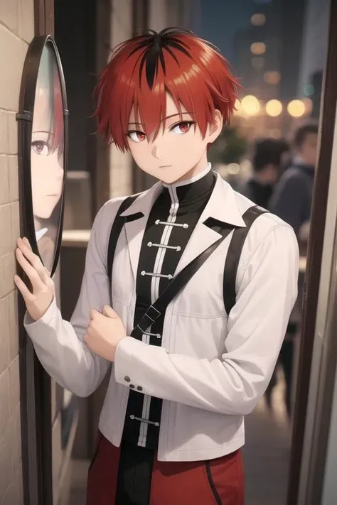 masterpiece, best quality, photorealistic, 1boy, solo, male focus, looking at viewer, upper body, depth of field, , , <lora:stark_sousou_no_frieren:0.74>, stark_sousou_no_frieren, red hair, red eyes, multicolored hair, , , pants, , The City of Mirrors, Blu-ray