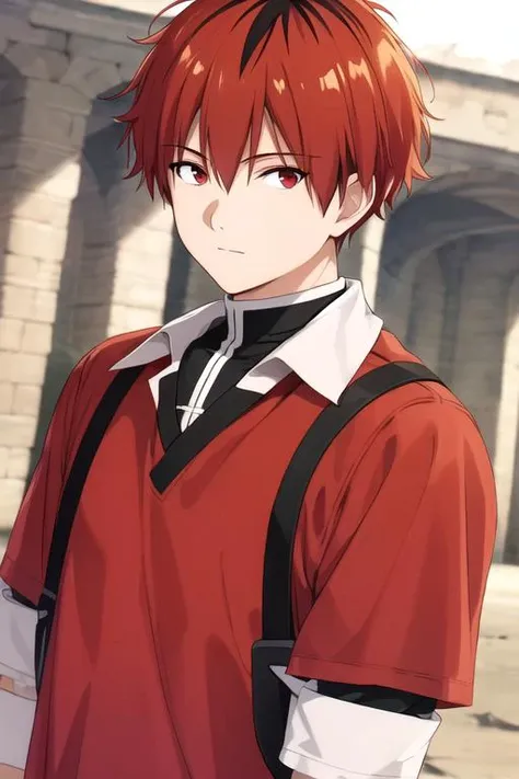masterpiece, best quality, game cg, 1boy, solo, male focus, looking at viewer, upper body, depth of field, anime coloring, , <lora:stark_sousou_no_frieren:0.68>, stark_sousou_no_frieren, red hair, red eyes, , black hair, , rugby shirt, , world war 1, 12k resolution