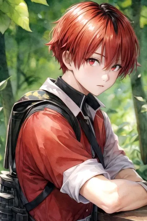 masterpiece, best quality, wallpaper, 1boy, solo, male focus, looking at viewer, upper body, depth of field, (watercolor illustration, soft pastel colors:1.1), realistic, <lora:stark_sousou_no_frieren:0.68>, stark_sousou_no_frieren, red hair, red eyes, multicolored hair, , , camo costume, world war 1,