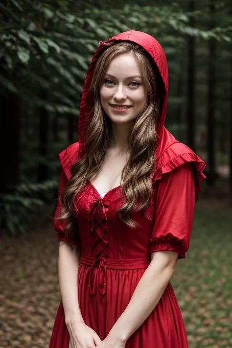 (portrait photo) of (olvd woman:1.0), (dressed as red riding hood), red top, (smiling), blushing, pale skin <lora:OliviaWildeDogu_olvd:1>