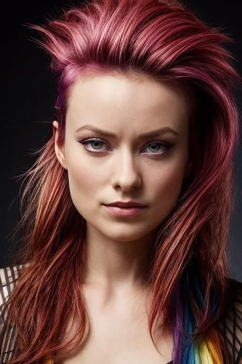 (portrait photo) of (olvd woman:1.0), by Flora Borsi, style by Flora Borsi, bold, bright colours, (rainbow Mohawk hair:1.1), (Flora Borsi) <lora:OliviaWildeDogu_olvd:1>