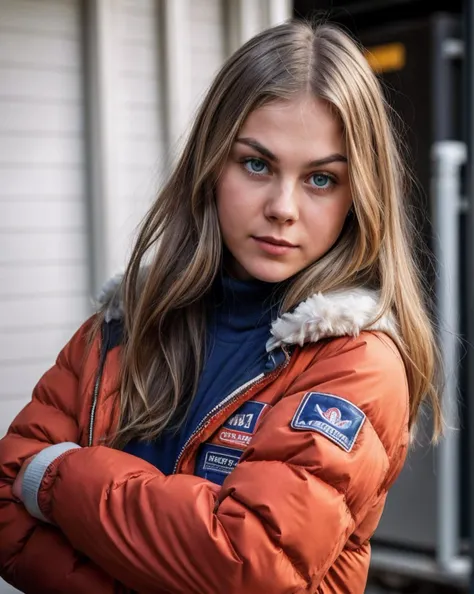 photo of N4ncyAc3_HM-130, middle-aged, a woman, perfect hair, (modern photo), wearing puffy jacket, t-shirt, jeans, 150mm medium telephoto (analog, cinematic, film grain:1.3), Rover Repair Station, Facility for Mars rover maintenance, diagnostics, spare parts, and testing., detailed eyes, professional pose, (epiCPhoto), (looking at viewer:1.1), (cinematic shot:1.3), (hard style lighting), <lora:add_detail:0.5>