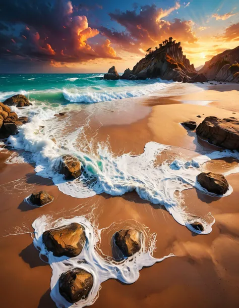 amazing surreal beach, vibrant colors, foamy waves, rocks, sand, dramatic sky, fantasy landscape