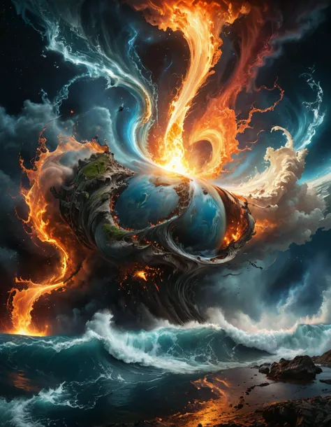 surreal picture of the 4 elements, a big swirl of earth being sucked into a space tornado, fire and water splasing from left and right