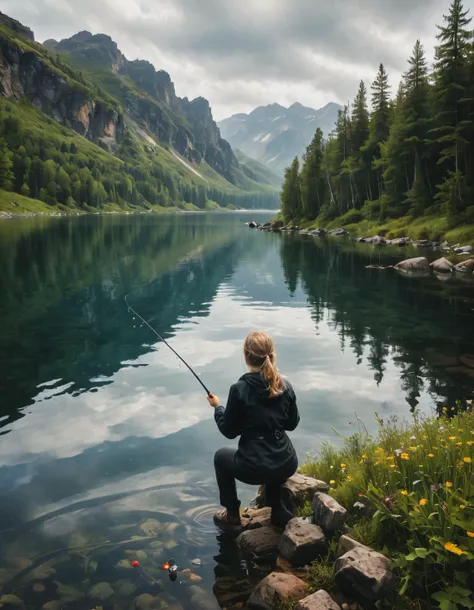 nordic woman fishing clear lake