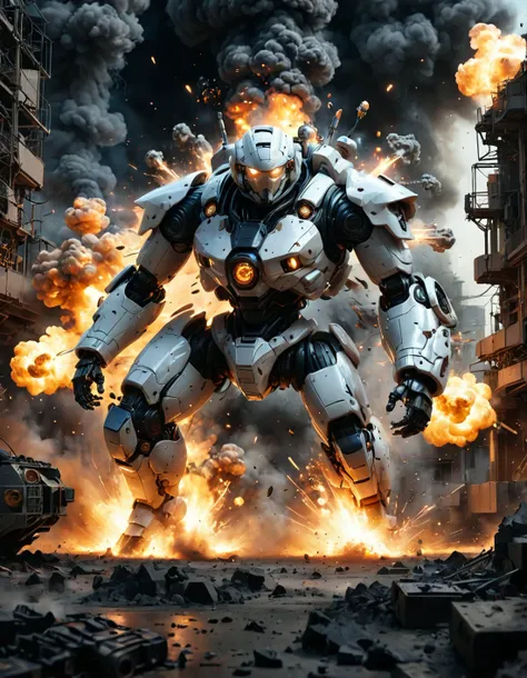 futuristic surreal scene, offensive mecha robot, anime style, realistic, firing, explosions and smoke on background