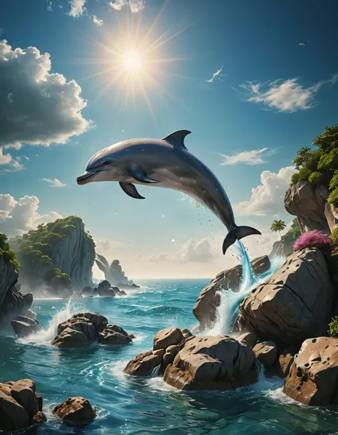 surreal scene, dolphin jumping over a rock