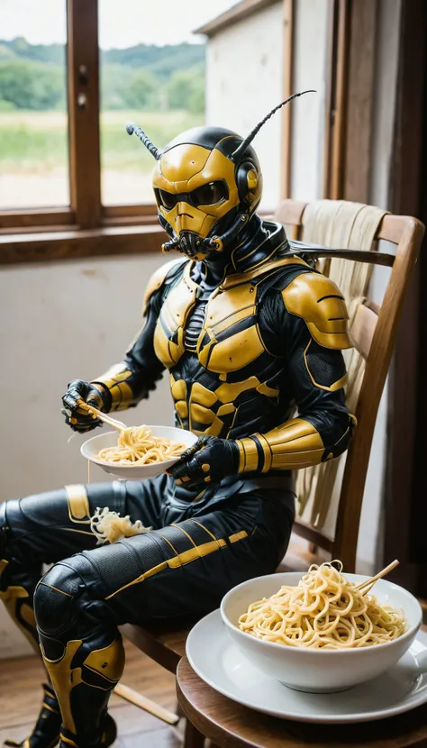 wasp, sitting chair, eating noodles