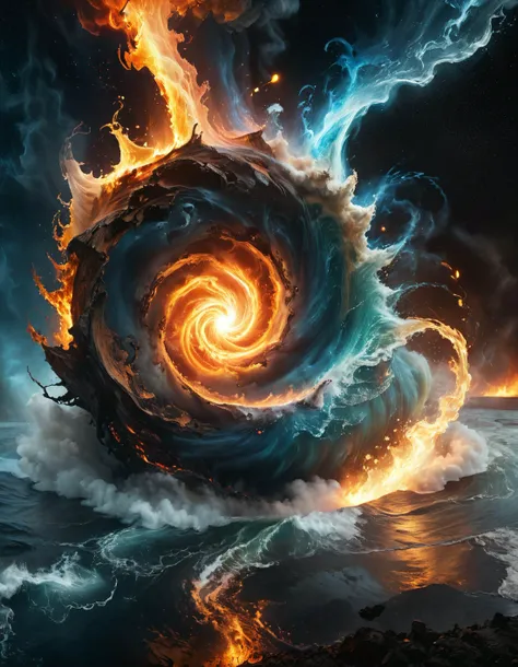 surreal picture of the 4 elements, a big swirl of earth being sucked into a space tornado, fire and water splasing from left and right