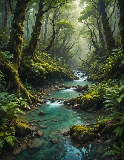 dense forest, surreal creek