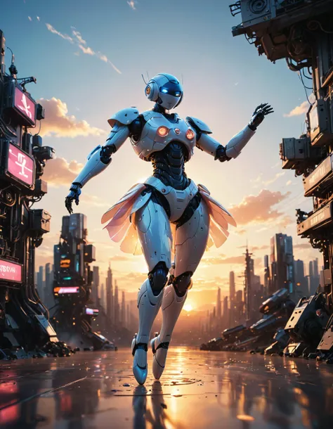 futuristic surreal scene, happy mecha robot, anime style, realistic, dancing like a ballerina, sunset on background