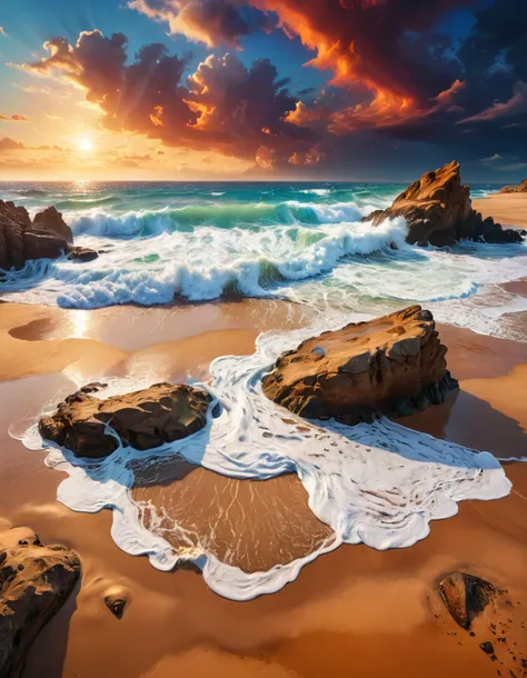 amazing surreal beach, vibrant colors, foamy waves, rocks, sand, dramatic sky, fantasy landscape