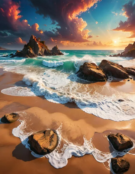 amazing surreal beach, vibrant colors, foamy waves, rocks, sand, dramatic sky, fantasy landscape