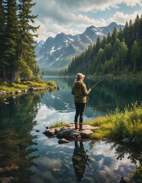 nordic woman fishing clear lake