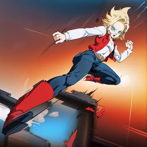 <lora:c18SSE:0.5>,<lora:add_detail:0.5>,<lora:noline:0.3>,<lora:boldline:-0.3>,
android 18,
short hair,blue eyes,blonde hair,collarbone,
black shirt,denim jacket,vest,striped sleeves,belt,denim skirt,black pantyhose,brown boots,
wind,sky,rock,nature,
<lora:jumping_kick005:0.7>,
jumping_kick,kicking,from below,
speed_lines,(motion_blur:1.2),(motion lines:1.2),