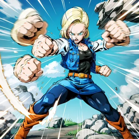 <lora:c18SSE:0.5>,<lora:add_detail:0.5>,<lora:noline:0.3>,<lora:boldline:-0.3>,
android 18,
short hair,blue eyes,blonde hair,collarbone,
black shirt,denim jacket,vest,striped sleeves,belt,denim skirt,black pantyhose,brown boots,
wind,sky,rock,nature,
fighting_stance,
<lora:high_kick003:0.4>,solo,(high kick:1.4),(motion blur:1.3),(speed line:1.3),