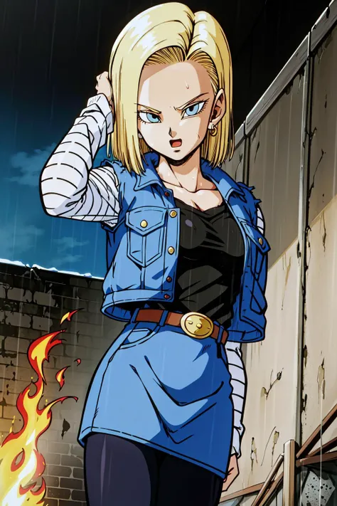 masterpiece, detailed face, retro artstyle, 1990s \(style\),
android 18, classic look, 1girl, solo, looking at viewer, short hair, blue eyes, blonde hair, collarbone,
cowboy shot, (laughing), evil, touching hair,
fire, smoke, ruined city, wet hair, rain,
black shirt, denim jacket, vest, striped sleeves, belt, denim skirt, black pantyhose,
<lora:c18SSE:0.7>