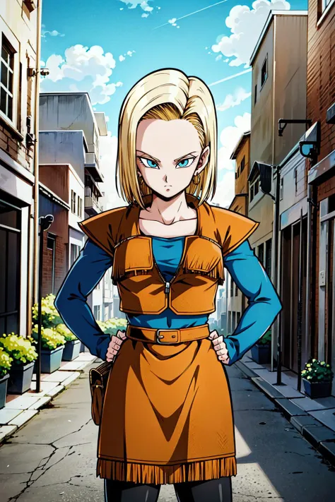 masterpiece, detailed face,
android 18, cowgirl18, 1girl, solo, looking at viewer, short hair, blue eyes, blonde hair,
small breasts, collarbone, hoop earrings, city, street,
cowboy boots, blue scarf, forehead, long sleeved blue shirt, sleeveless brown jacket, pantyhose, hoop earrings, black pantyhose, brown footwear, hands on hips, shoulder_pads, tassel,
<lora:c18SSE:0.7>