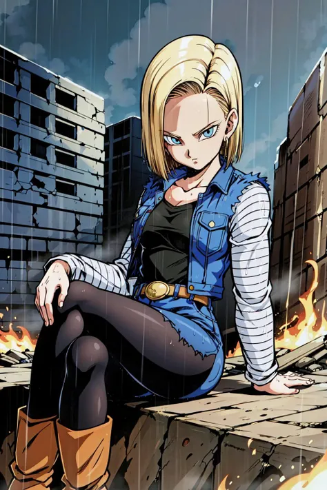 masterpiece, detailed face, retro artstyle, 1990s \(style\), 
android 18,  classic look, 1girl, solo, looking at viewer, short hair, blue eyes, blonde hair, collarbone, 
sitting on rubble, crossed legs, 
fire, smoke, ruined city, wet hair, rain, 
black shirt, denim jacket, vest, striped sleeves, belt, denim skirt, black pantyhose, brown boots, 
 <lora:c18SSE:0.7>