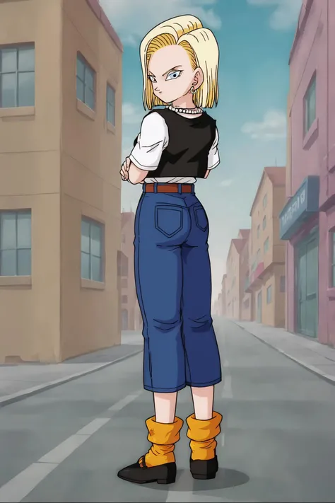 source_anime, score_9, score_8_up, score_7_up, anime screencap,
detailed face, android 18, cell saga, 1girl, solo, looking at viewer, short hair, blue eyes, blonde hair, city, street, standing, full body, hoop earrings, belt, looking back, from behind, shirt tucked in, white t-shirt, orange socks, short sleeves, socks, shoes, pearl necklace, pocket, high-waist pants, jeans, chain, black vest, crossed arms,
<lora:c18_pony_v1:0.8>