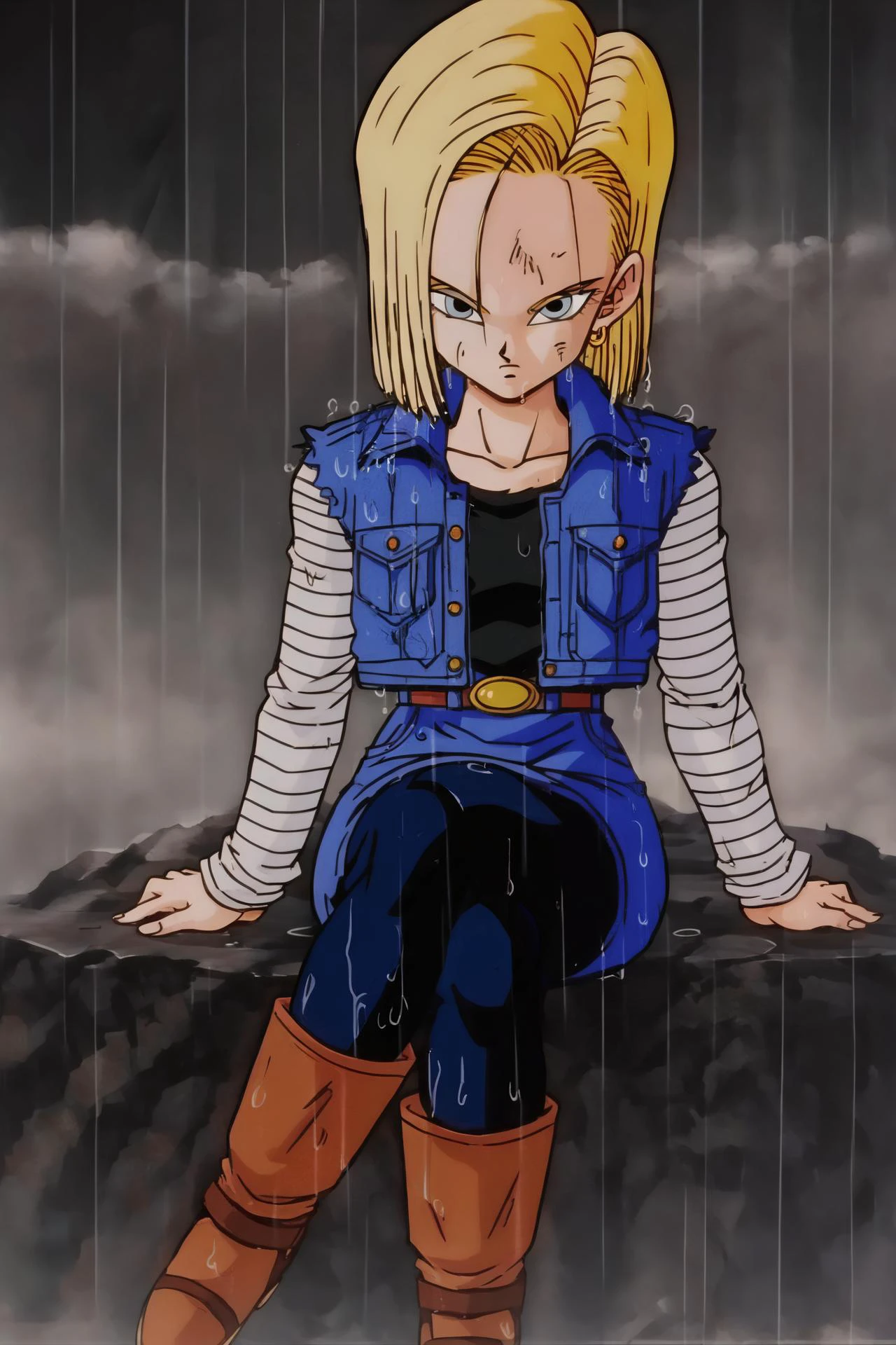 source_anime, score_9, score_8_up, score_7_up, anime screencap,
detailed face, retro artstyle, 1990s \(style\), android 18, classic look, 1girl, solo, looking at viewer, short hair, blue eyes, blonde hair, collarbone, sitting on rubble, crossed legs, fire, smoke, ruined city, wet hair, rain, black shirt, denim jacket, vest, striped sleeves, belt, denim skirt, black pantyhose, brown boots,
<lora:c18_pony_v1:0.8>