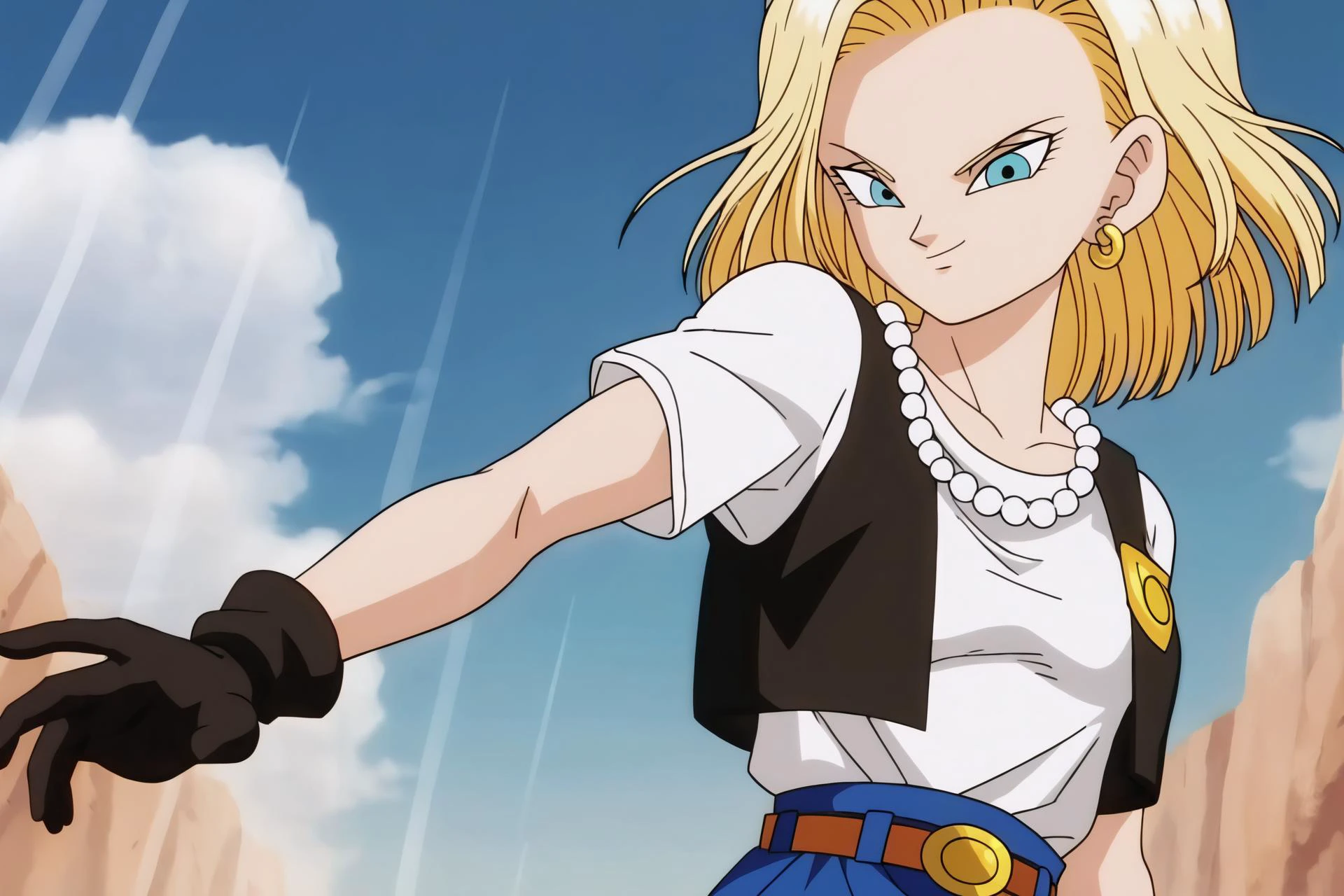 source_anime, score_9, score_8_up, score_7_up, anime screencap,
android 18, 1girl, solo, breasts, looking at viewer, smile, blue eyes, blonde hair, gloves, flying, closed mouth, short sleeves, t-shirt, shirt tucked in, forehead, white t-shirt, hoop earrings, black gloves, necklace, vest, bracelet, outstretched arms, blue, badge, pearl necklace, cell saga, collarbone, floating hair, black vest, cloud,
<lora:c18_pony_v1:0.8>