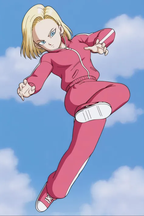source_anime, score_9, score_8_up, score_7_up, anime screencap,
detailed face, android 18, supertop, , 1girl, solo, looking at viewer, short hair, blue eyes, blonde hair, city, street, standing, full body, from behind, flying kick towards viewer, midair, collar up, track jacket, pink jacket, track suit, track pants, pink pants, sneakers, shoe soles,
<lora:c18_pony_v1:0.8>