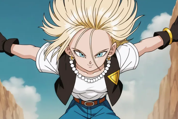 source_anime, score_9, score_8_up, score_7_up, anime screencap,
android 18, 1girl, solo, breasts, looking at viewer, smile, blue eyes, blonde hair, gloves, flying, closed mouth, short sleeves, t-shirt, shirt tucked in, forehead, white t-shirt, hoop earrings, black gloves, necklace, vest, bracelet, outstretched arms, blue, badge, pearl necklace, cell saga, collarbone, floating hair, black vest, cloud, 
<lora:c18_pony_v1:0.8>