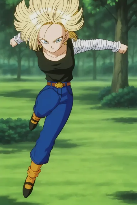 source_anime, score_9, score_8_up, score_7_up, anime screencap,
detailed face, android 18, buu saga, , 1girl, solo, looking at viewer, short hair, blue eyes, blonde hair, collarbone, field, trees, forest, full body, hovering, midair, black shirt, long sleeves, striped sleeves, hoop earrings, shoes, orange socks, belt, high waist pants, jumping, floating, floating hair,
<lora:c18_pony_v1:0.8>
