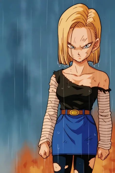 source_anime, score_9, score_8_up, score_7_up, anime screencap,
detailed face, android 18, classic look, 1girl, solo, looking at viewer, short hair, blue eyes, blonde hair, collarbone, standing, arms by side, angry, cowboy shot, fire, smoke, ruined city, wet hair, rain, torn shirt, single bare shoulder, hoop earrings, black shirt, striped sleeves, belt, denim skirt, black pantyhose, messy hair,
<lora:c18_pony_v1:0.8>