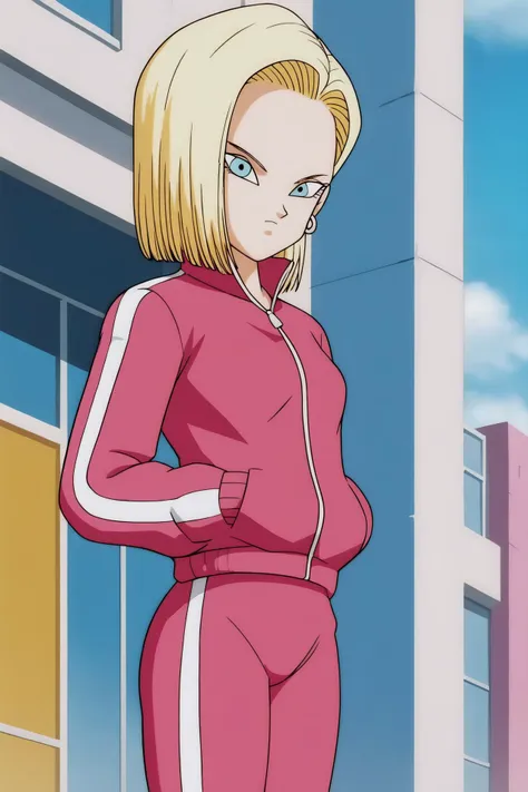 source_anime, score_9, score_8_up, score_7_up, anime screencap,
detailed face, android 18, supertop, 1girl, solo, looking at viewer, short hair, blue eyes, blonde hair, small breasts, collarbone, hoop earrings, city, street, collar up, track jacket, pink jacket, track suit, track pants, pink pants, standing, hands in pockets, from below, 
<lora:c18_pony_v1:0.8>