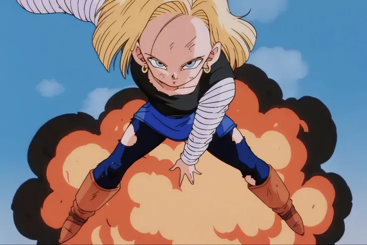 source_anime, score_9, score_8_up, score_7_up, anime screencap,
android 18, 1girl, solo, looking at viewer, smile, short hair, blue eyes, blonde hair, shirt, long sleeves, dodging, hoop earrings, boots, torn pantyhose, torn clothes, from above, brown footwear, forehead, fire, looking up, denim, smoke, explosion, classic look, jumping, retro artstyle, striped sleeves, midair, expressionless, collarbone, cloud, day, dirty face, dirty clothes, anime coloring, 1990s \(style\)
<lora:c18_pony_v1:0.8>