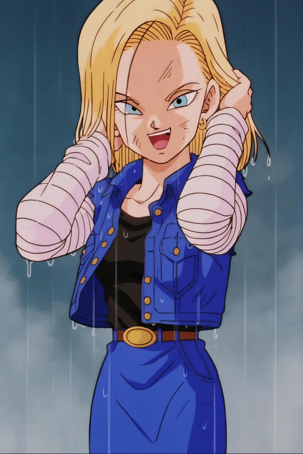 source_anime, score_9, score_8_up, score_7_up, anime screencap,
detailed face, retro artstyle, 1990s \(style\), android 18, classic look, 1girl, solo, looking at viewer, short hair, blue eyes, blonde hair, collarbone, cowboy shot, (laughing), evil, touching hair, fire, smoke, ruined city, wet hair, rain, black shirt, denim jacket, vest, striped sleeves, belt, denim skirt, black pantyhose, evil laugh,
<lora:c18_pony_v1:0.8>