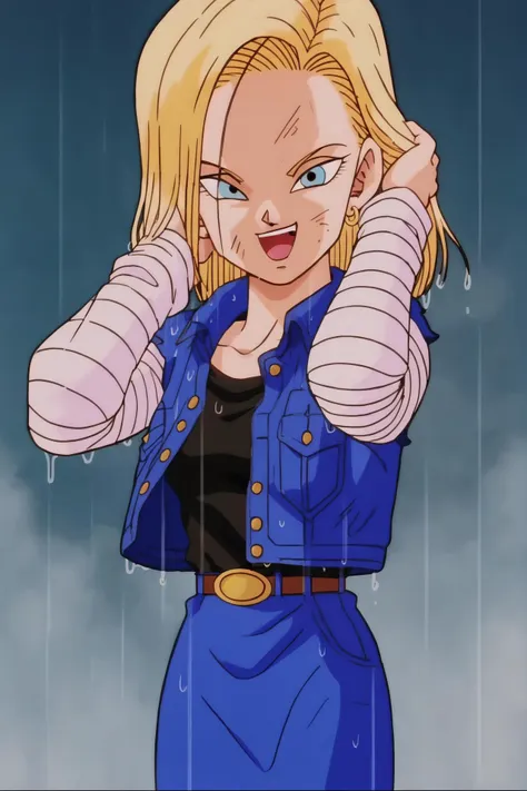 source_anime, score_9, score_8_up, score_7_up, anime screencap,
detailed face, retro artstyle, 1990s \(style\), android 18, classic look, 1girl, solo, looking at viewer, short hair, blue eyes, blonde hair, collarbone, cowboy shot, (laughing), evil, touching hair, fire, smoke, ruined city, wet hair, rain, black shirt, denim jacket, vest, striped sleeves, belt, denim skirt, black pantyhose, evil laugh, 
<lora:c18_pony_v1:0.8>