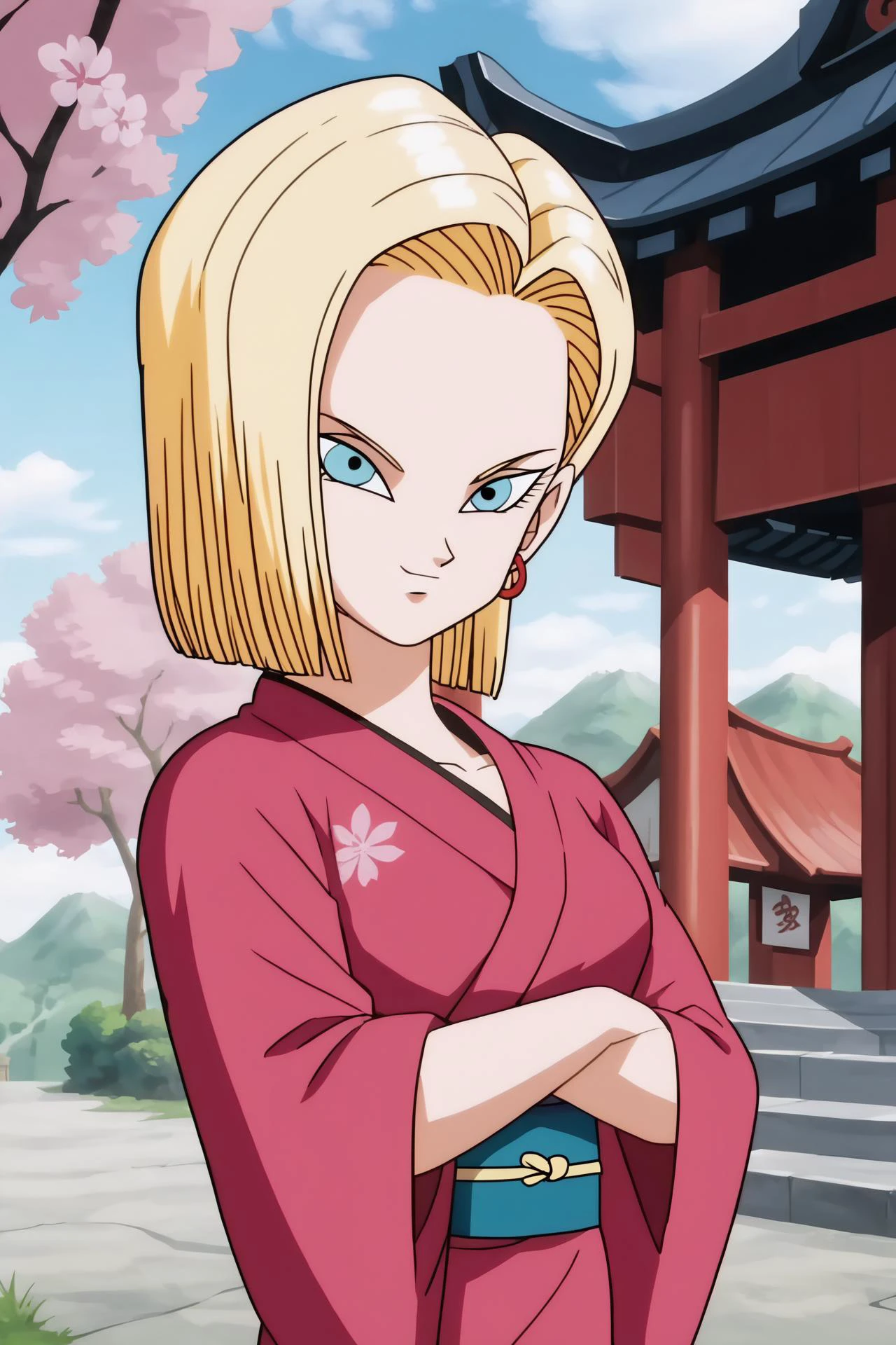 source_anime, score_9, score_8_up, score_7_up, anime screencap,
detailed face, android 18, 1girl, solo, looking at viewer, short hair, blue eyes, blonde hair, kimono, cherry blossoms, temple,
<lora:c18_pony_v1:0.8>