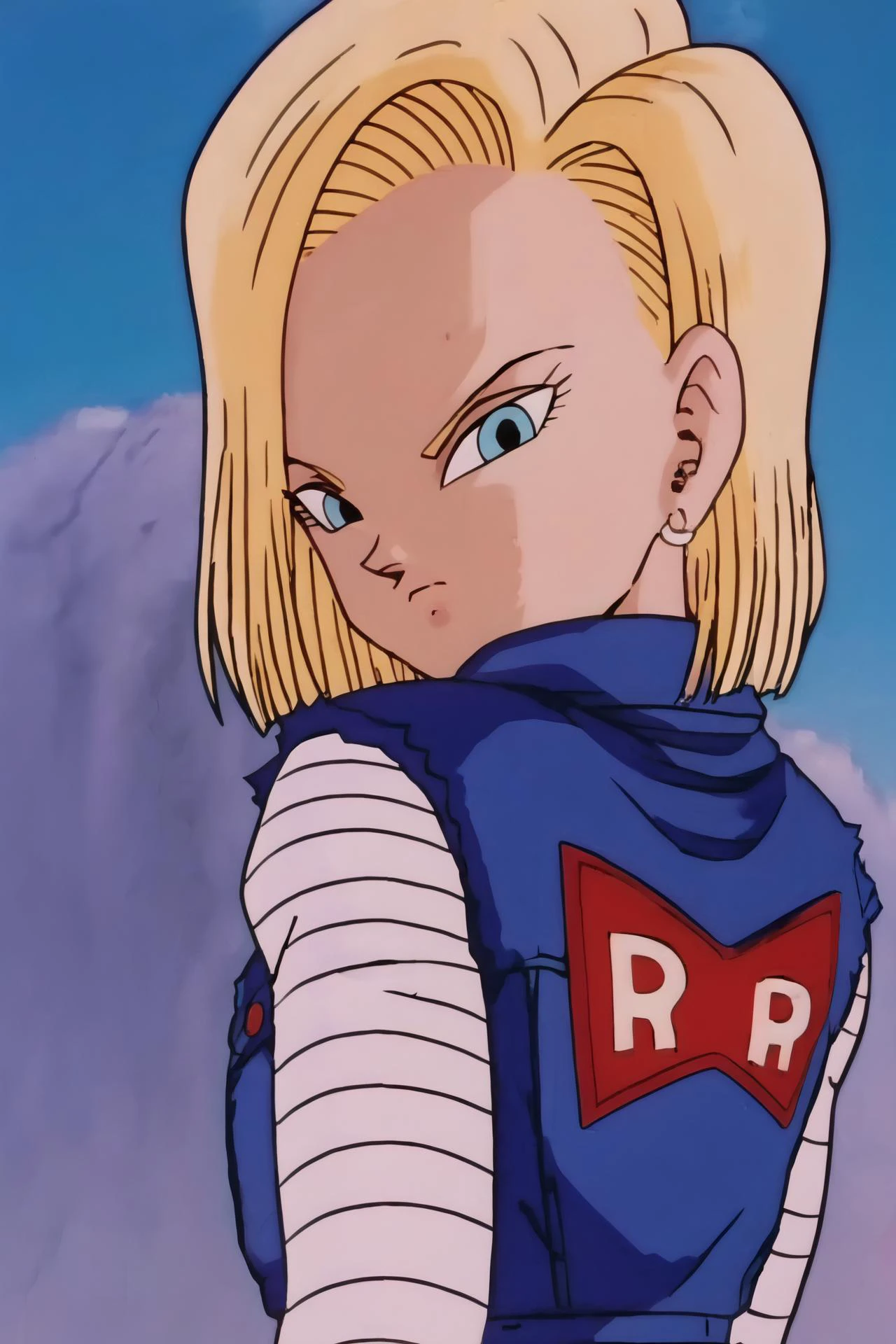source_anime, score_9, score_8_up, score_7_up, anime screencap,
detailed face, android 18, buu saga, , 1girl, solo, looking at viewer, short hair, blue eyes, blonde hair, collarbone, black shirt, denim jacket, upper body, looking back, from behind, vest, serious, retro artstyle, 1990s \(style\), striped sleeves, classic look, mountain, logo print,
<lora:c18_pony_v1:1>