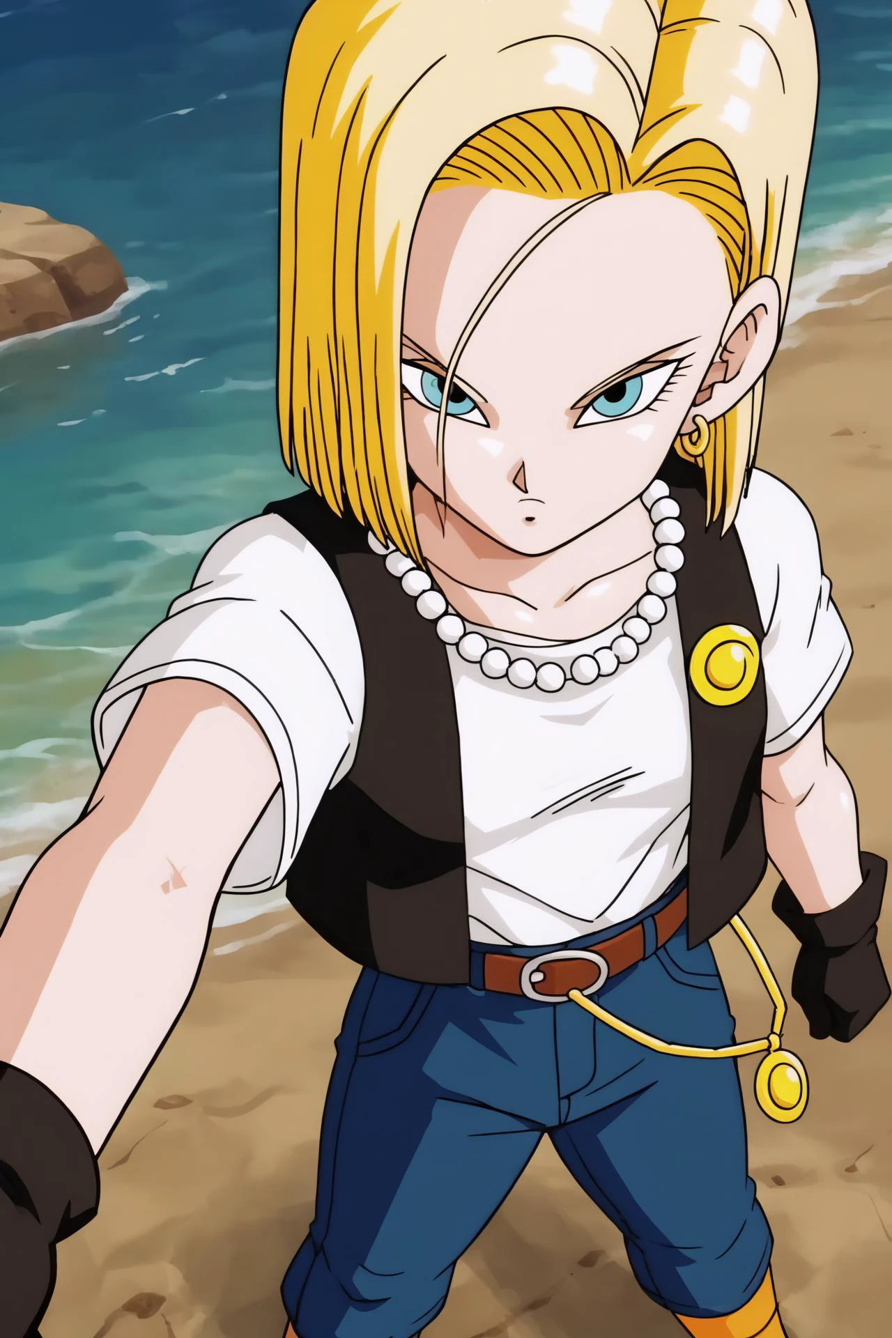 source_anime, score_9, score_8_up, score_7_up, anime screencap,
masterpiece, detailed face, android 18, cell saga, 1girl, solo, short hair, blue eyes, blonde hair, belt, looking at viewer, black gloves, forehead, shirt tucked in, white t-shirt, black footwear, badge, chain, jeans, looking at another, orange socks, high-waist pants, open black vest, pearl necklace, cowboy shot, field, tree, blue sky, ocean, selfie, from above,
<lora:c18_pony_v1:0.8>